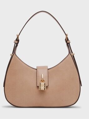 Anne Klein Beige Lizard-Embossed Shoulder Bag with Gold AK Lock